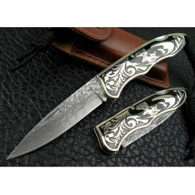 Damascus Steel Small Knife Jungle Folding Knife with Cupronickel Handle UDTEK00537 / UDTEK01204